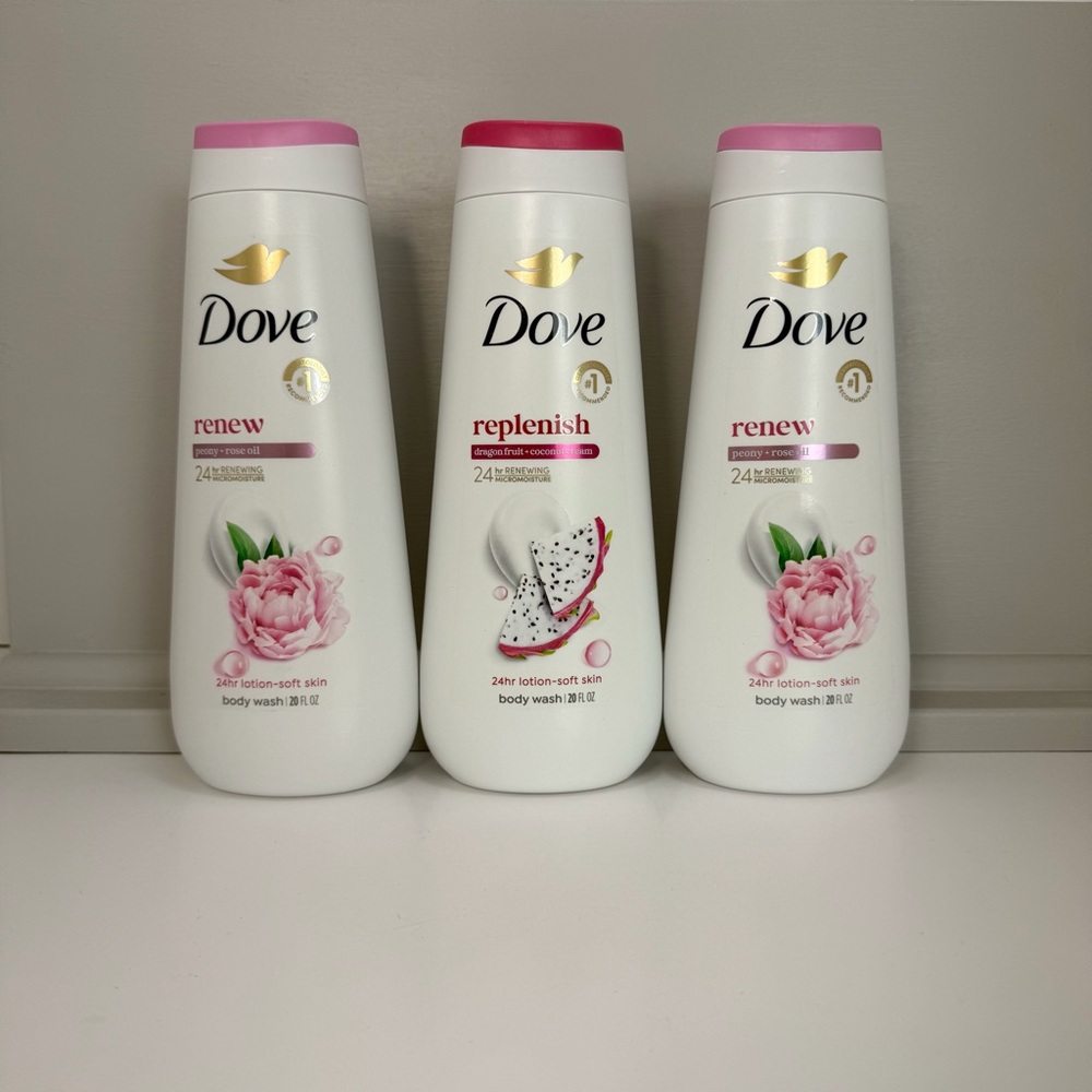 3 Dove Body wash 2 renew peony+rose oil 1 reflenish dragon fruit + coconut cream